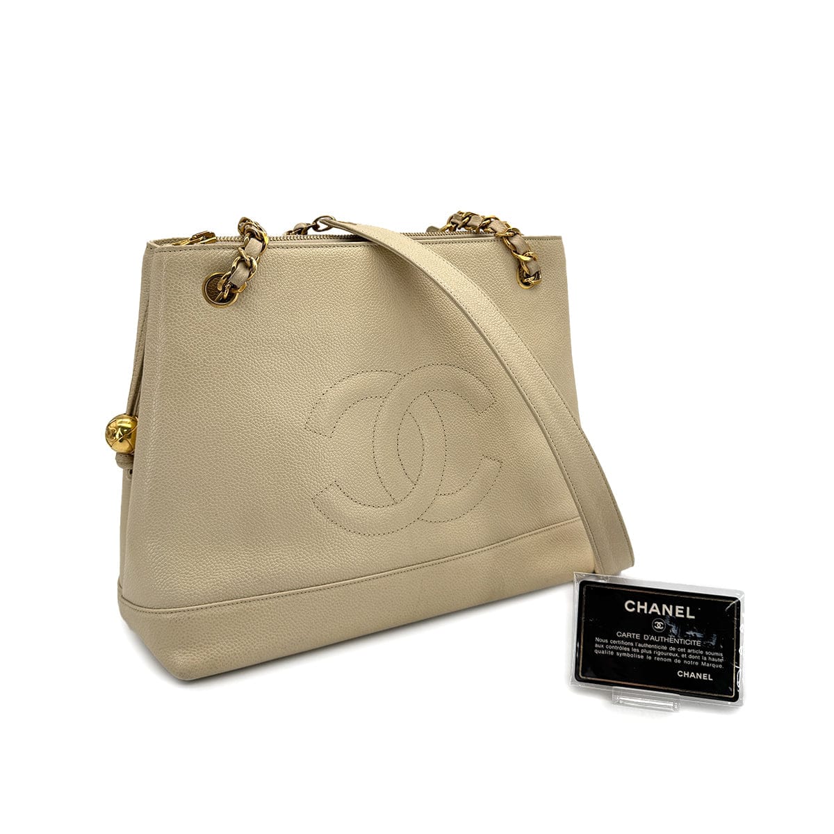 PURPOSE CHANEL VINTAGE BIG COCO CHAIN SHOULDER TOTE BAG BEIGE CAVIAR SKIN 90309817