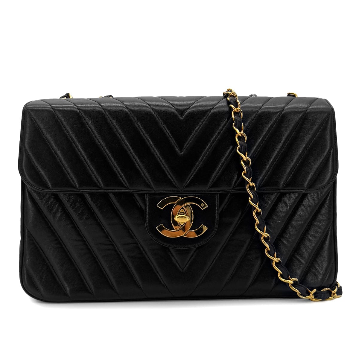 PURPOSE CHANEL VINTAGE CHEVRON CHAIN SHOULDER BAG BLACK LAMB SKIN 90286581
