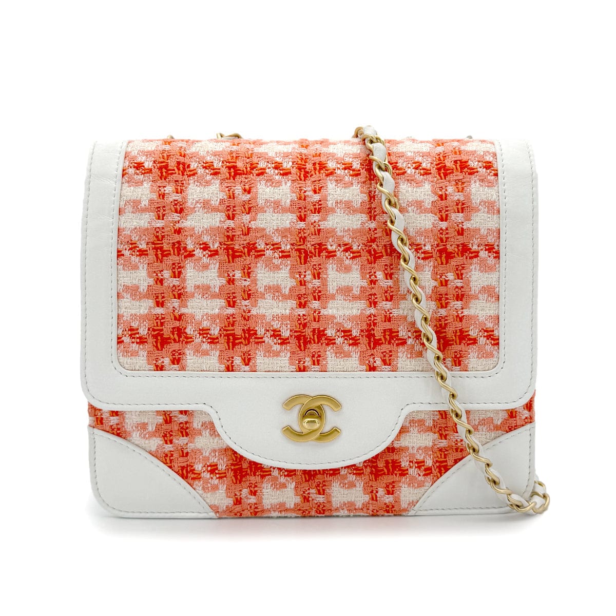 PURPOSE CHANEL VINTAGE CHOCOLATE BAR CHAIN SHOULDER BAG ORANGE TWEED 90289068