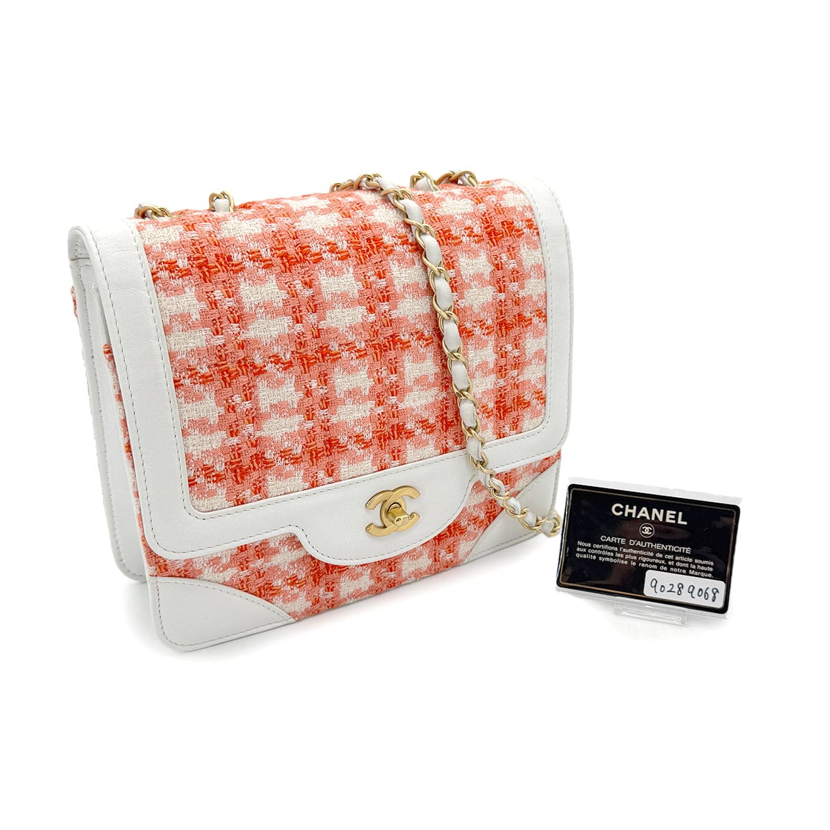 PURPOSE CHANEL VINTAGE CHOCOLATE BAR CHAIN SHOULDER BAG ORANGE TWEED 90289068