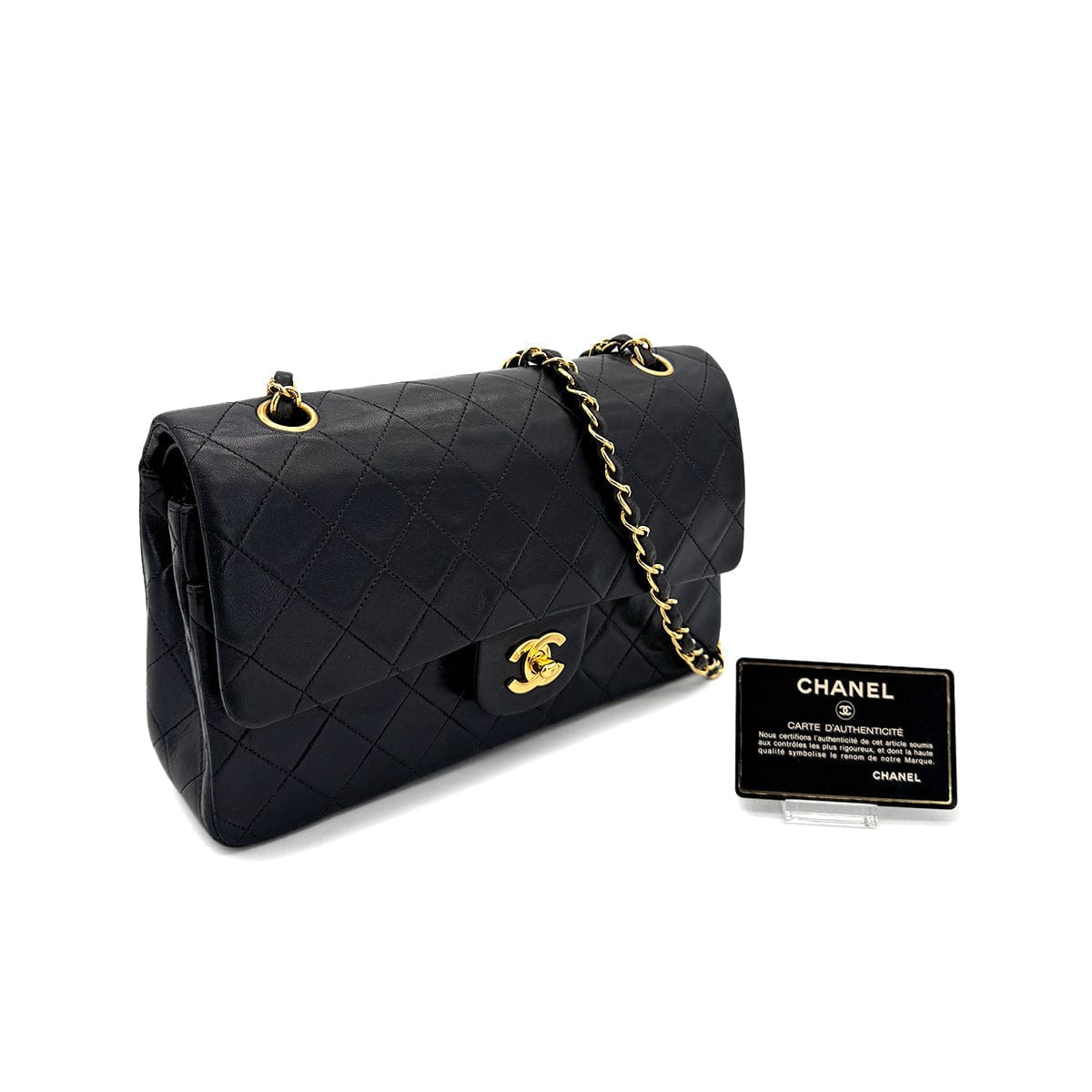 PURPOSE CHANEL VINTAGE CLASSIC FLAP MEDIUM CHAIN SHOULDER BAG BLACK LAMB SKIN 90305119
