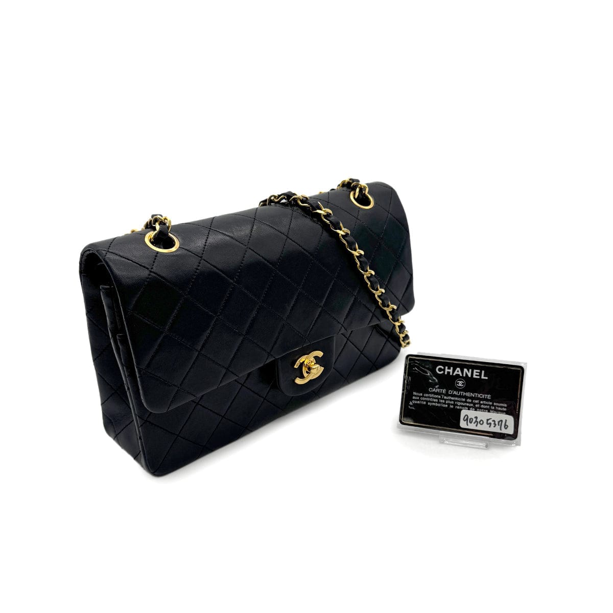 PURPOSE CHANEL VINTAGE CLASSIC FLAP MEDIUM CHAIN SHOULDER BAG BLACK LAMB SKIN 90305376