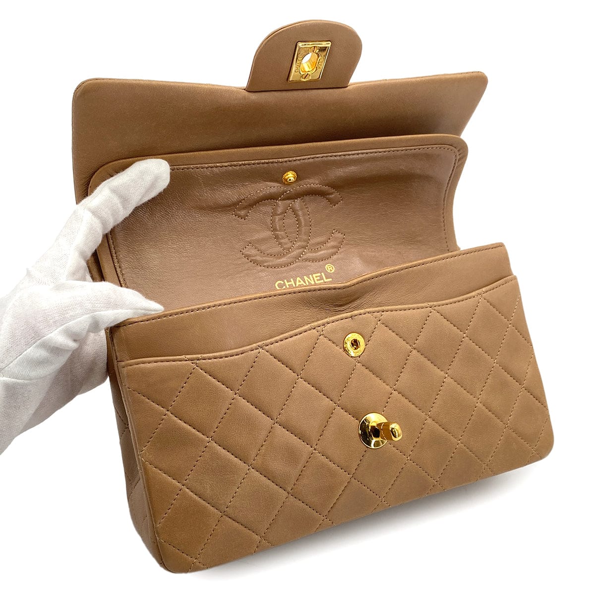 PURPOSE CHANEL VINTAGE CLASSIC FLAP SMALL CHAIN SHOULDER BAG CAMEL LAMB SKIN 90309272