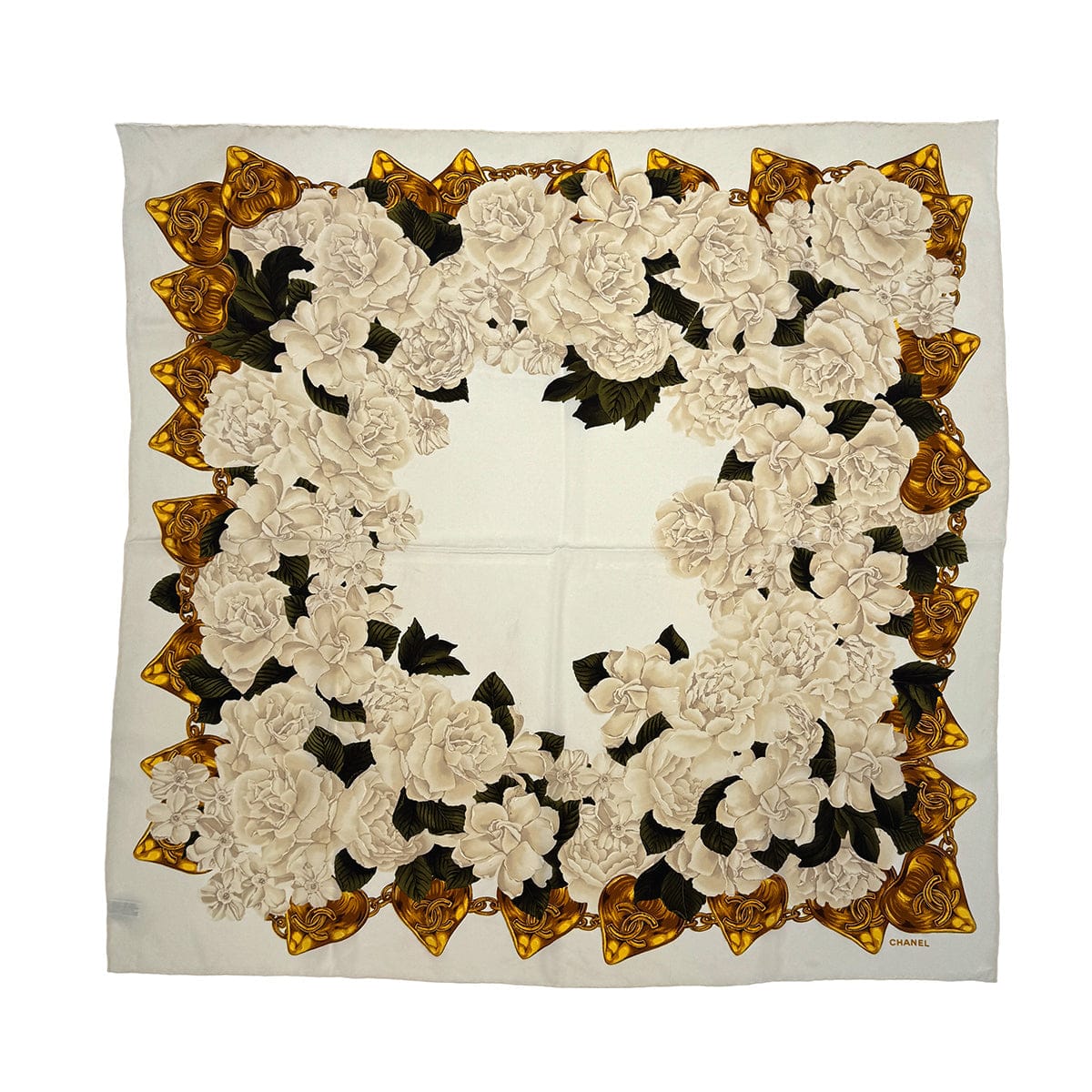 PURPOSE CHANEL VINTAGE COCOMARK CAMELLIA SCARF BEIGE WHITE SILK 90308383