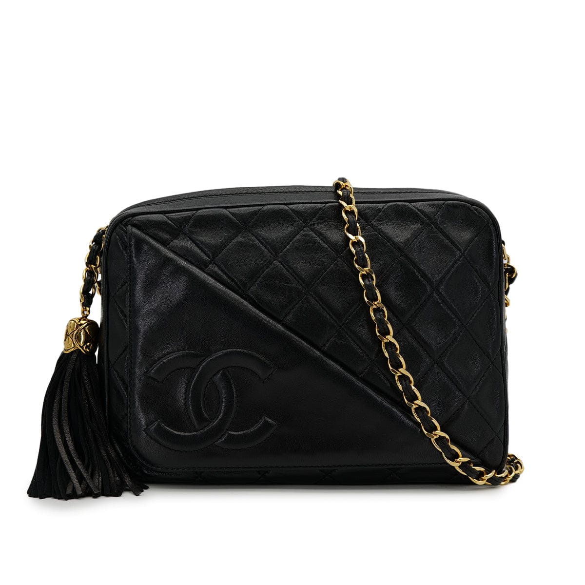 PURPOSE CHANEL VINTAGE COCOMARK MATELASSE CHAIN SHOULDER BAG BLACK FRINGE LAMB SKIN 90308982