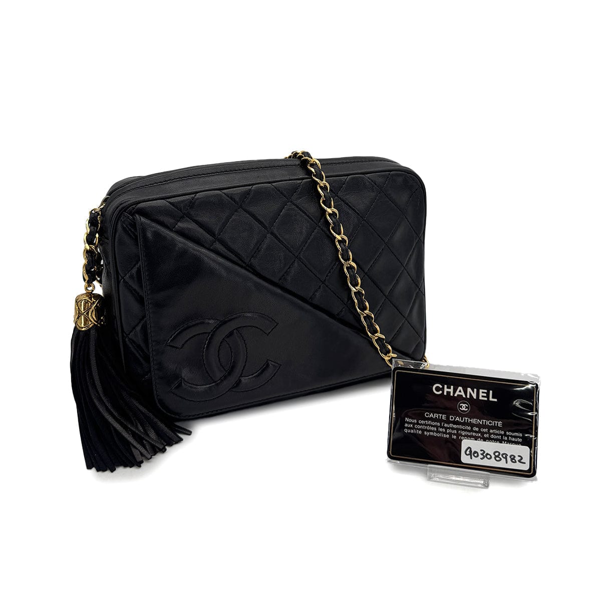 PURPOSE CHANEL VINTAGE COCOMARK MATELASSE CHAIN SHOULDER BAG BLACK FRINGE LAMB SKIN 90308982