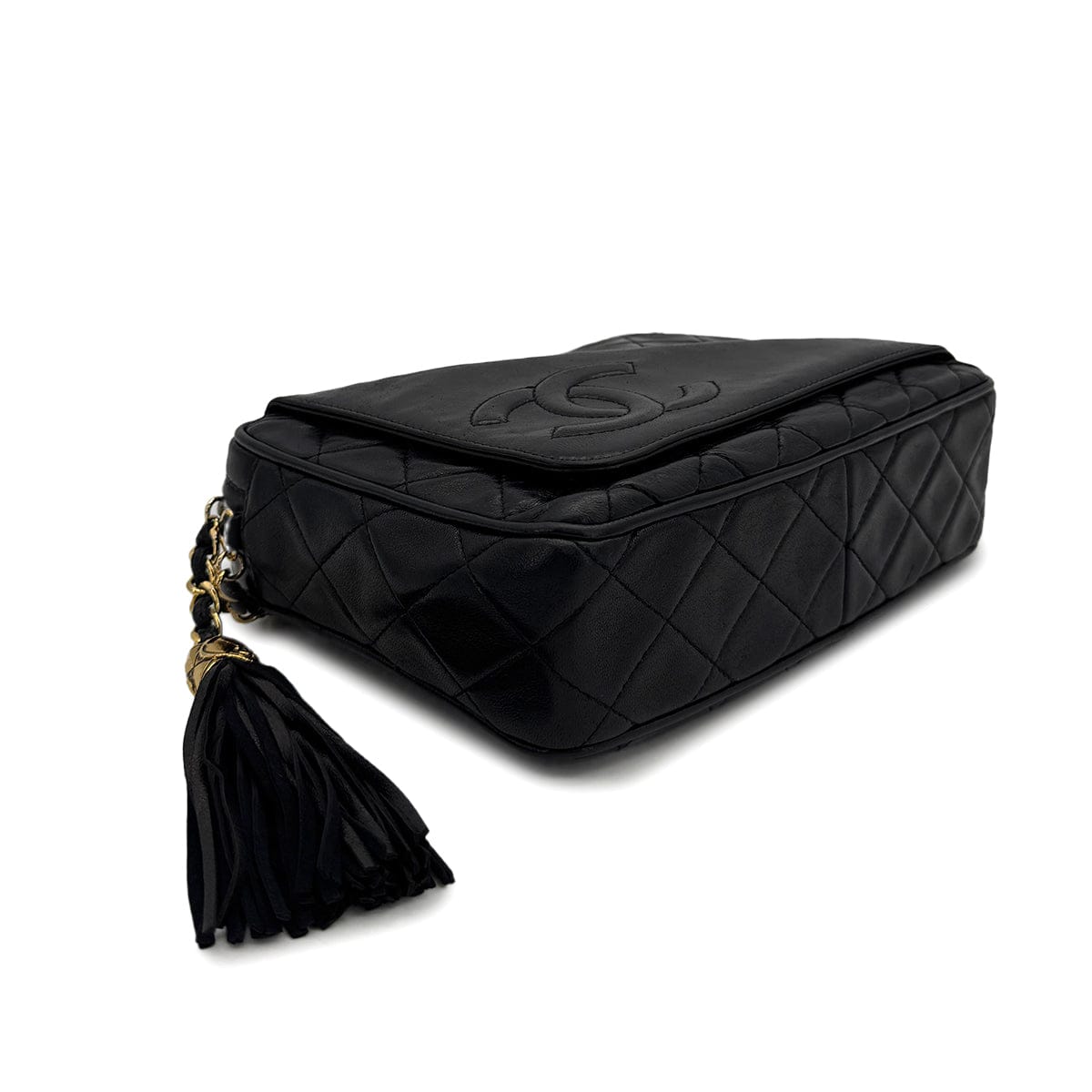 PURPOSE CHANEL VINTAGE COCOMARK MATELASSE CHAIN SHOULDER BAG BLACK FRINGE LAMB SKIN 90308982