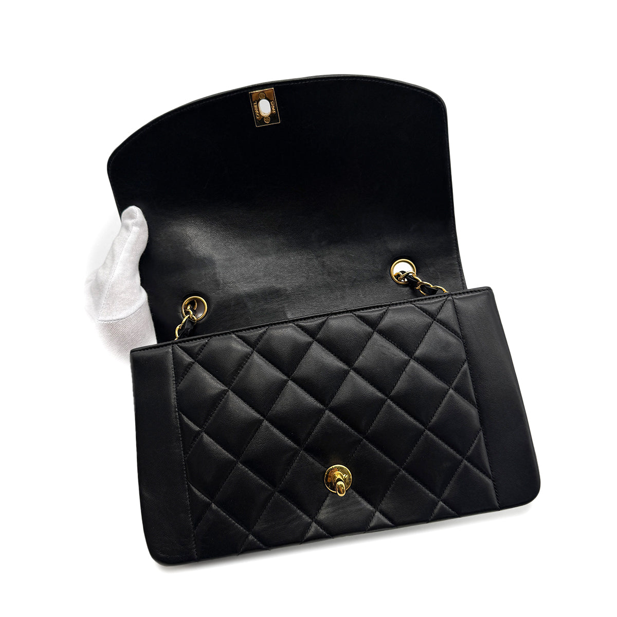 PURPOSE CHANEL VINTAGE DIANA MEDIUM CHAIN SHOULDER BAG BLACK LAMB SKIN 90281240