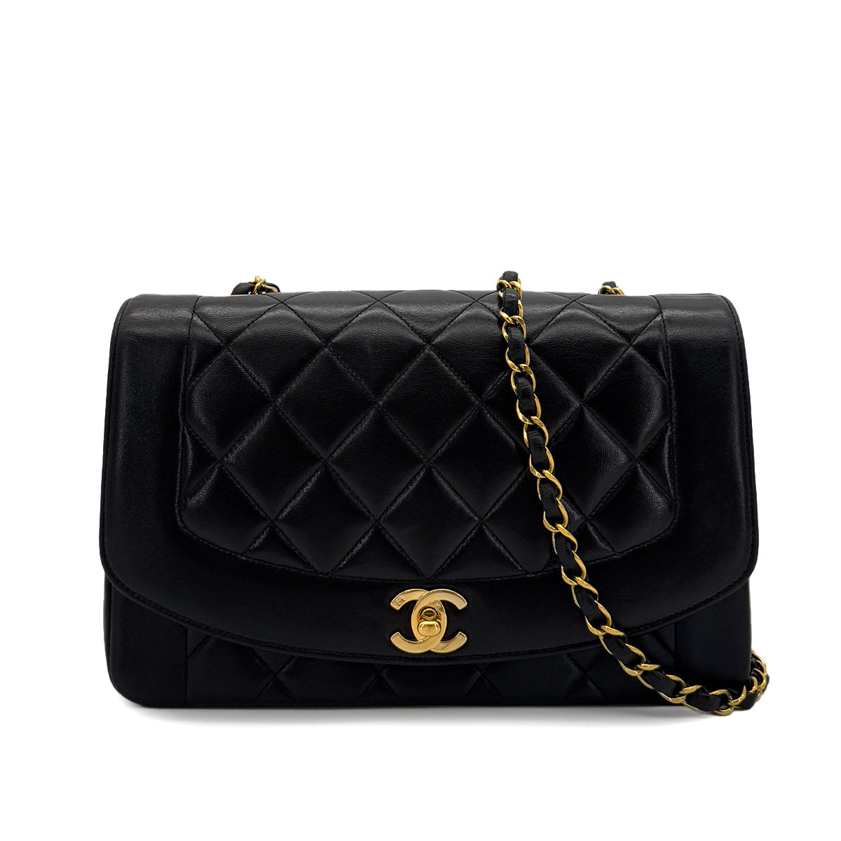 PURPOSE CHANEL VINTAGE DIANA MEDIUM CHAIN SHOULDER BAG BLACK LAMB SKIN 90287885