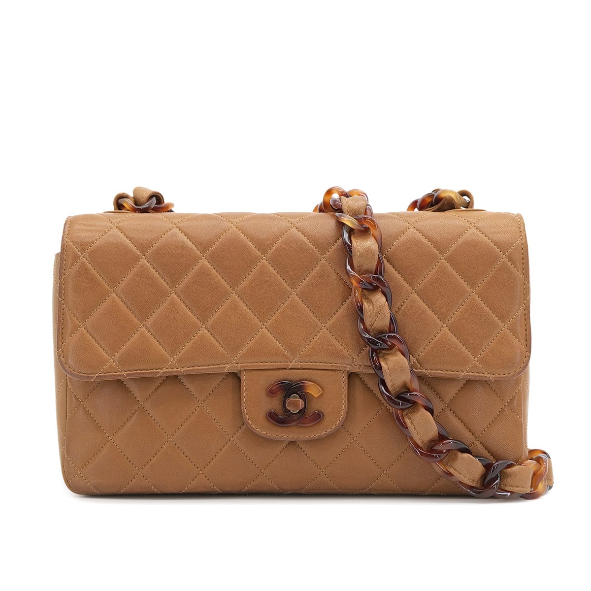 PURPOSE CHANEL VINTAGE MATELASSE TORTOISESHELL CHAIN SHOULDER BAG BROWN LAMB SKIN 90308267