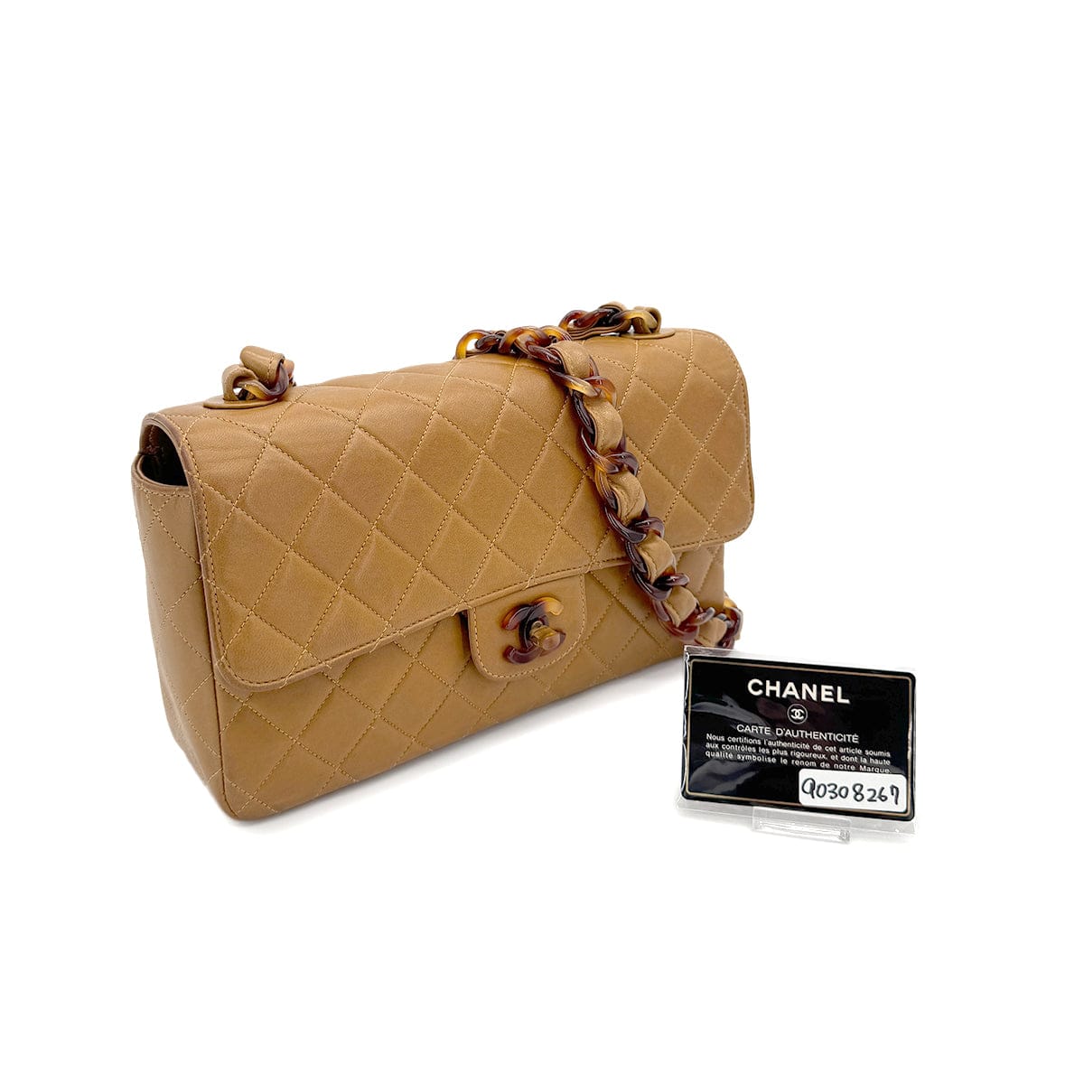 PURPOSE CHANEL VINTAGE MATELASSE TORTOISESHELL CHAIN SHOULDER BAG BROWN LAMB SKIN 90308267