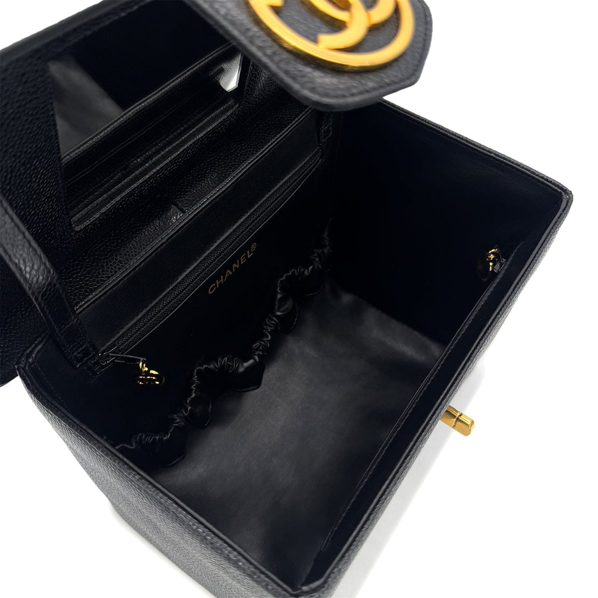 PURPOSE CHANEL VINTAGE TURN LOCK 2WAY VANITY HAND SHOULDER BAG BLACK CAVIAR SKIN 90291379