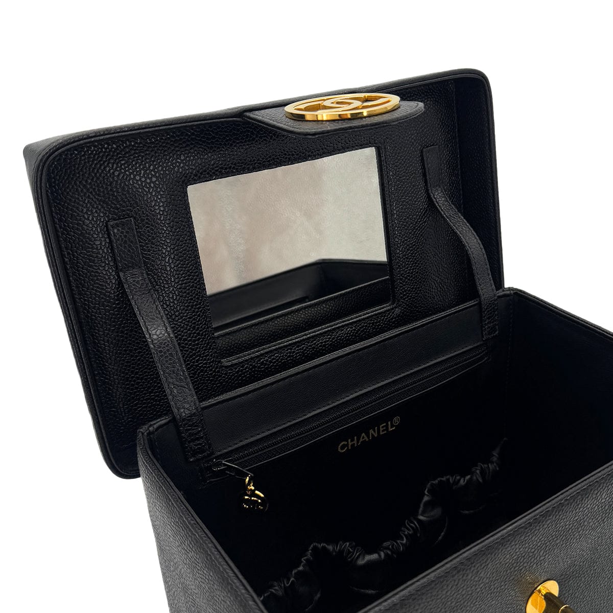 PURPOSE CHANEL VINTAGE TURN LOCK 2WAY VANITY HAND SHOULDER BAG BLACK CAVIAR SKIN 90291379