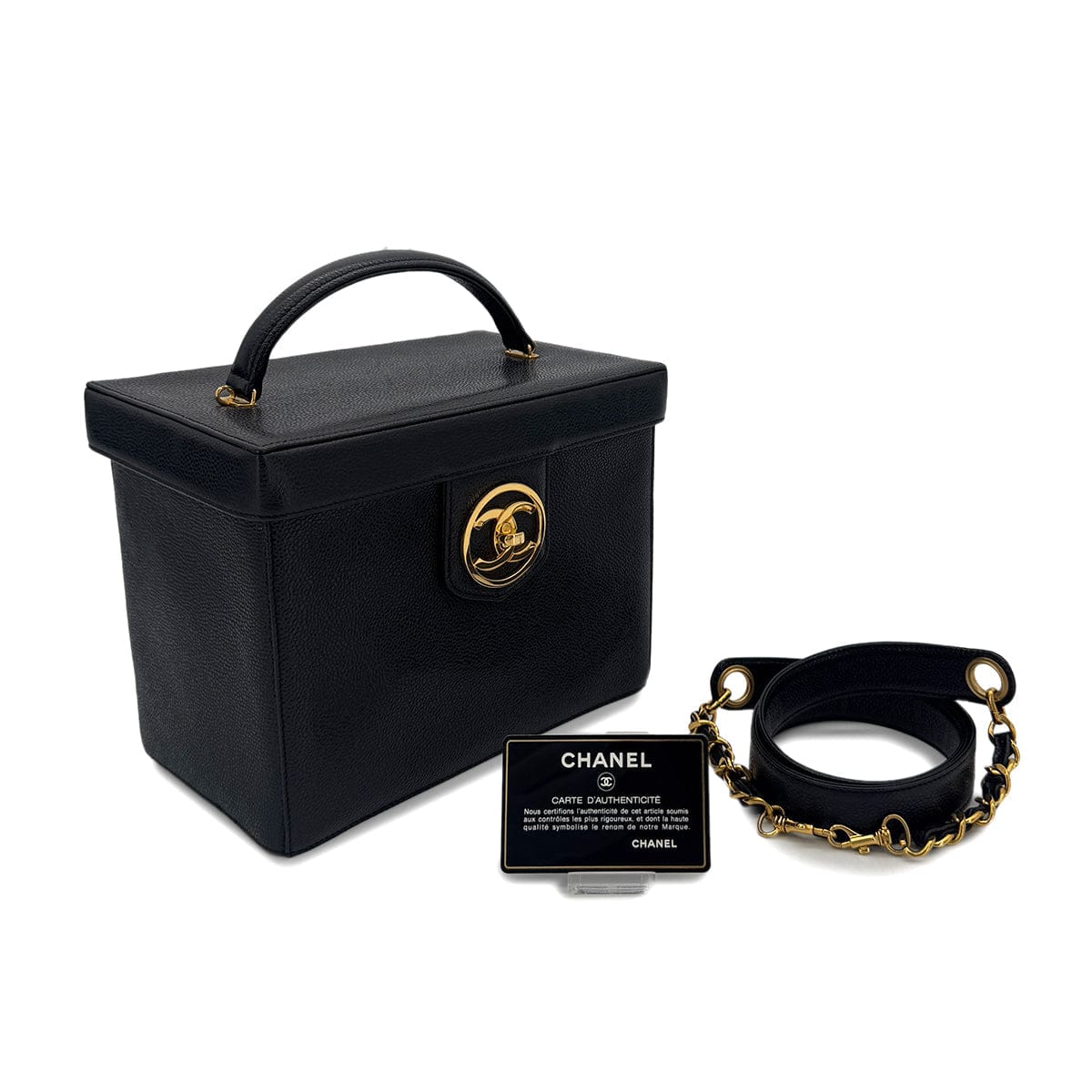 PURPOSE CHANEL VINTAGE TURN LOCK 2WAY VANITY HAND SHOULDER BAG BLACK CAVIAR SKIN 90291379