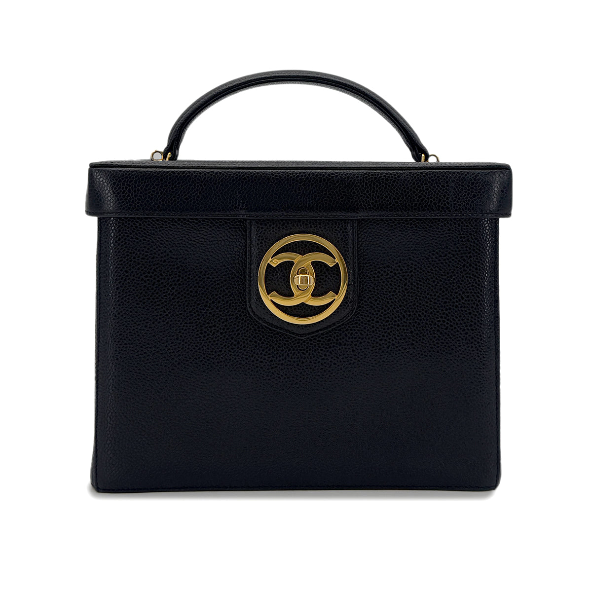 PURPOSE CHANEL VINTAGE TURN LOCK 2WAY VANITY HAND SHOULDER BAG BLACK CAVIAR SKIN 90291379
