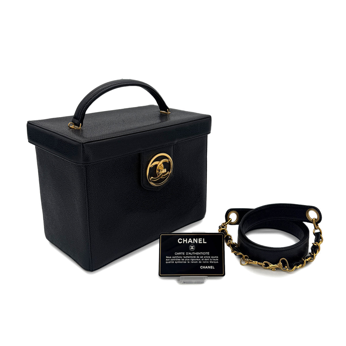 PURPOSE CHANEL VINTAGE TURN LOCK 2WAY VANITY HAND SHOULDER BAG BLACK CAVIAR SKIN 90291379
