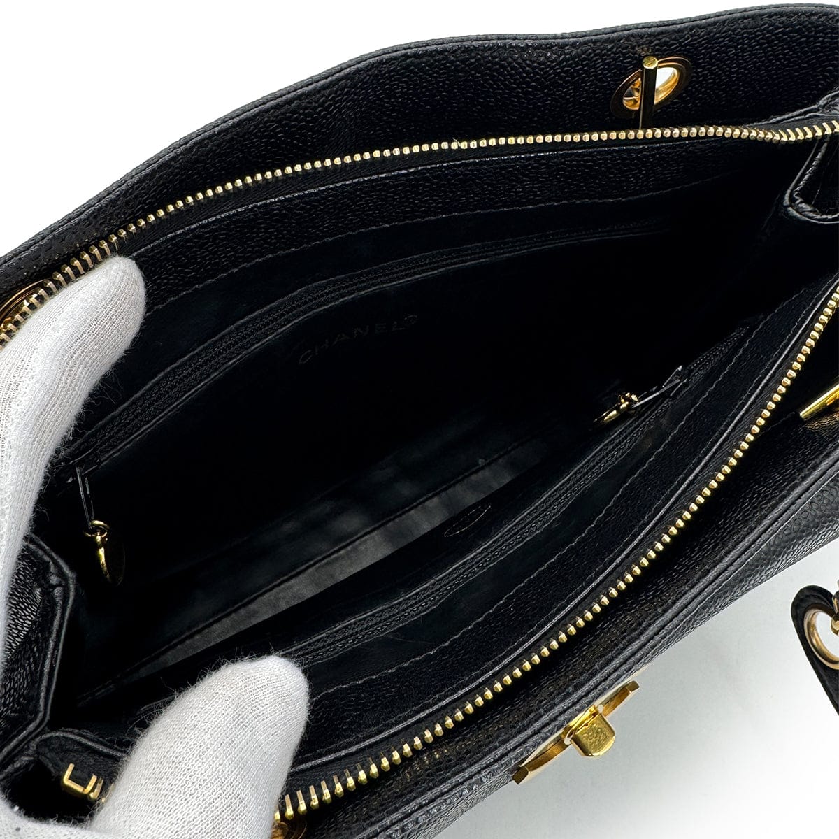 PURPOSE CHANEL VINTAGE TURN LOCK CHAIN TOTE BAG BLACK CAVIAR SKIN 90305120