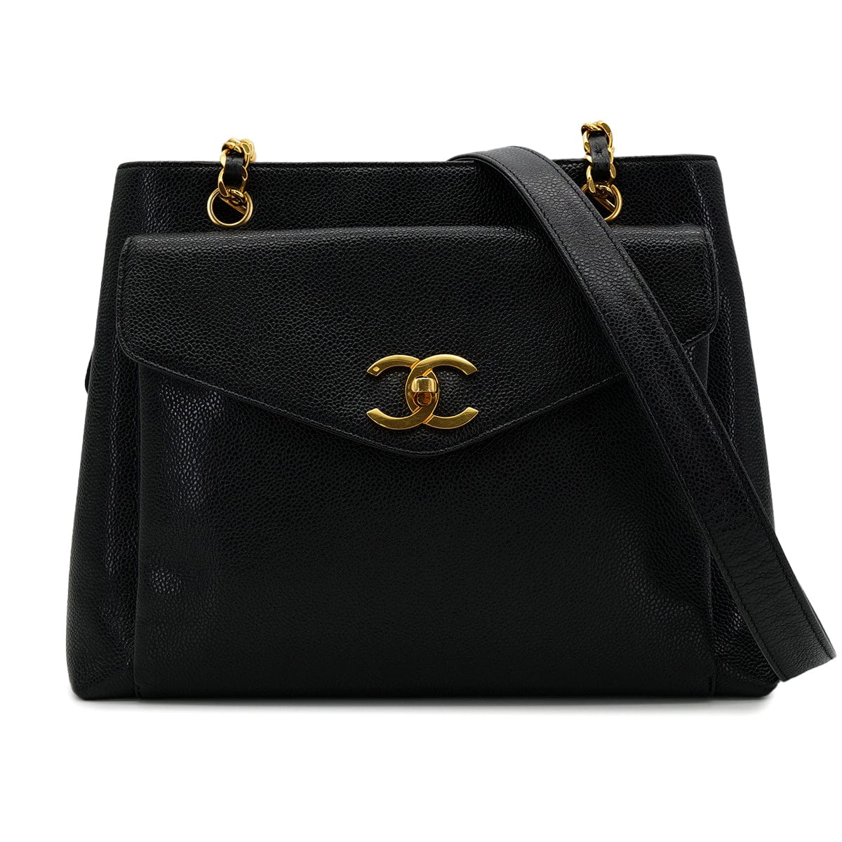 PURPOSE CHANEL VINTAGE TURN LOCK CHAIN TOTE BAG BLACK CAVIAR SKIN 90305120