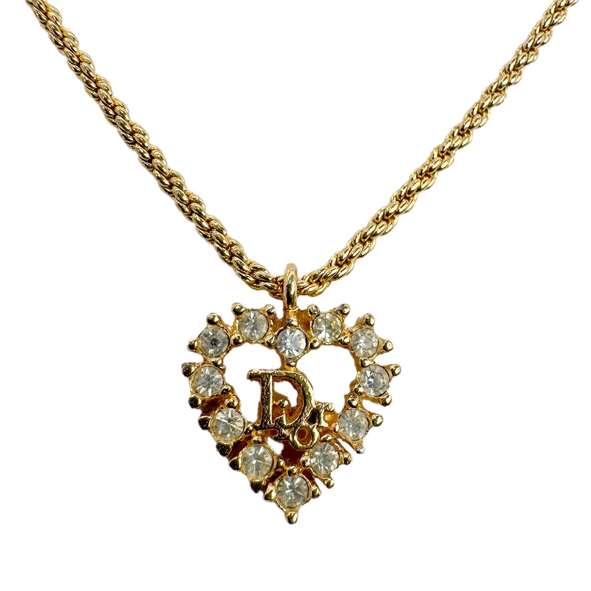 PURPOSE CHRISTIAN DIOR NECKLACE HEART CD LOGO RHINESTONE GOLD ACCESSORY 90299321