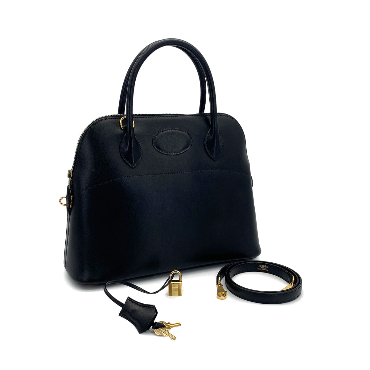 PURPOSE HERMES BOLIDE 31 BLACK BOXCALF HAND SHOULDER BAG 2002 SQUARE F GOLD HARDWARE 90320998