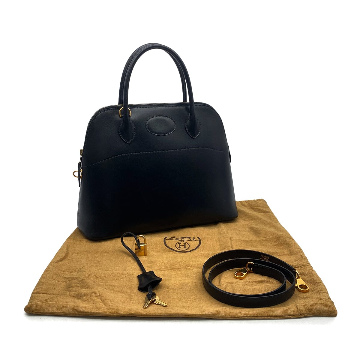 PURPOSE HERMES BOLIDE 31 BLACK BOXCALF HAND SHOULDER BAG 〇Y GOLD HARDWARE 90308963