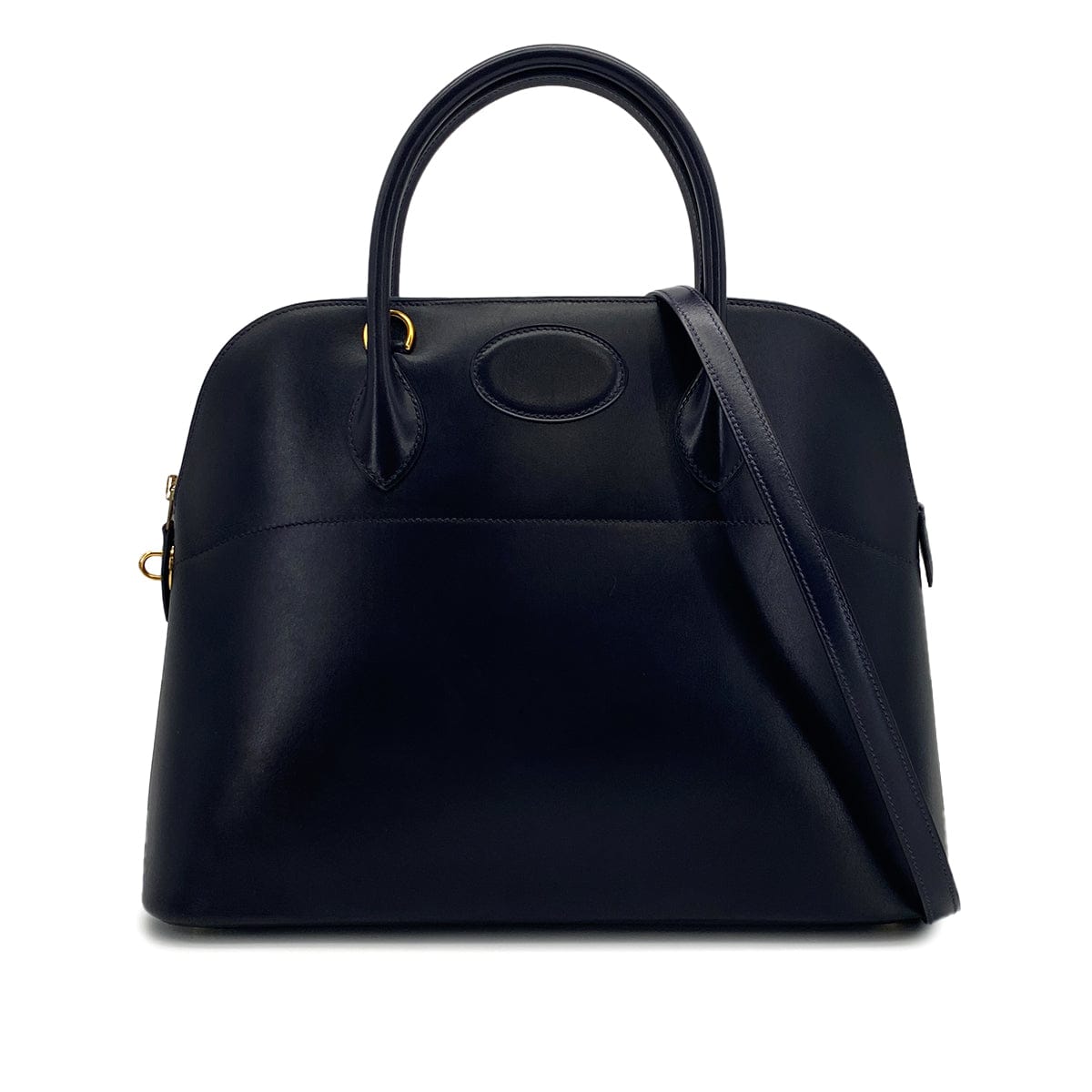 PURPOSE HERMES BOLIDE 35 BLUE INDIGO BOXCALF HAND SHOULDER BAG 1999 SQUARE C GOLD HARDWARE 90322167