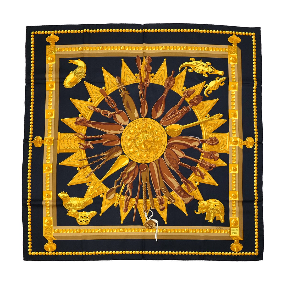 PURPOSE HERMES CARRE 90 CUILLERS D‘AFRIQUE SCARF SILK BLACK YELLOW SILK 90324151
