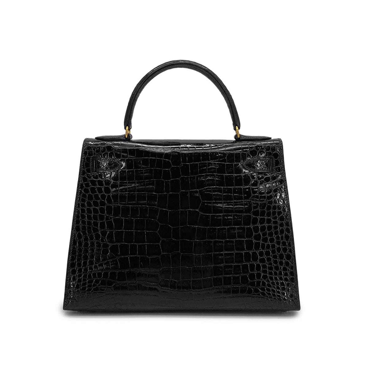 PURPOSE HERMES KELLY 28 BLACK POROSUS CROCODILE HAND SHOULDER BAG 1993 CIRCLE W GOLD HARDWARE 90321000