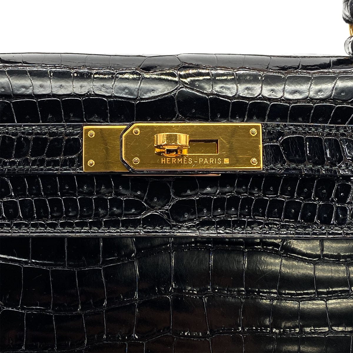PURPOSE HERMES KELLY 28 BLACK POROSUS CROCODILE HAND SHOULDER BAG 1993 CIRCLE W GOLD HARDWARE 90321000