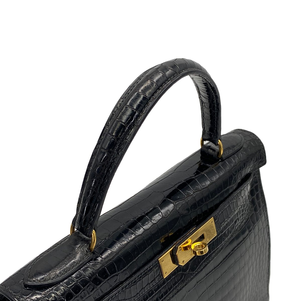 PURPOSE HERMES KELLY 28 BLACK POROSUS CROCODILE HAND SHOULDER BAG 1993 CIRCLE W GOLD HARDWARE 90321000