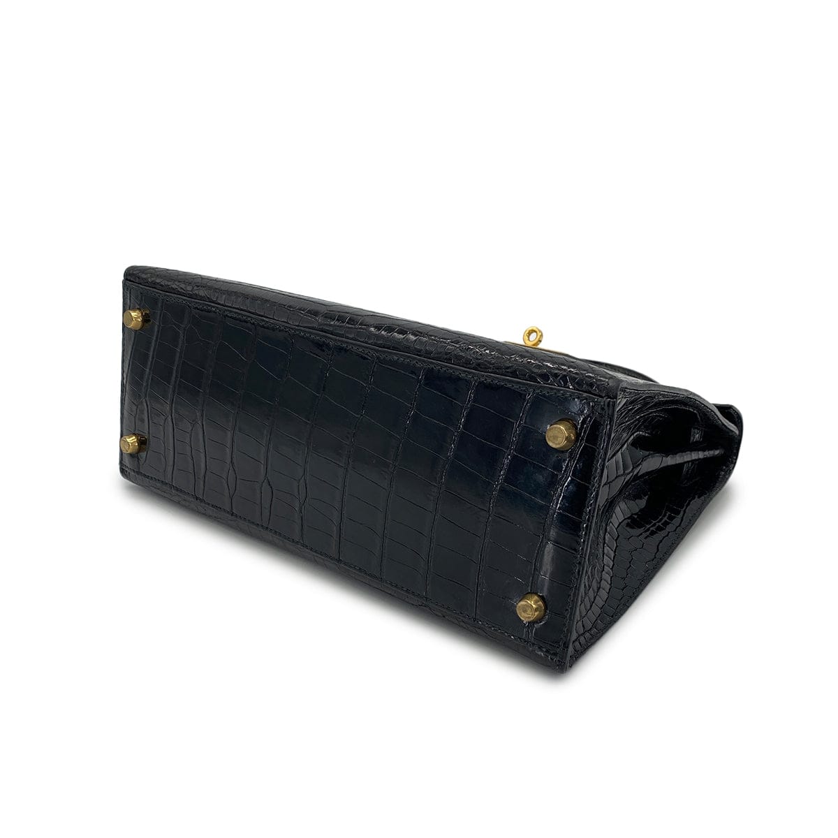 PURPOSE HERMES KELLY 28 BLACK POROSUS CROCODILE HAND SHOULDER BAG 1993 CIRCLE W GOLD HARDWARE 90321000