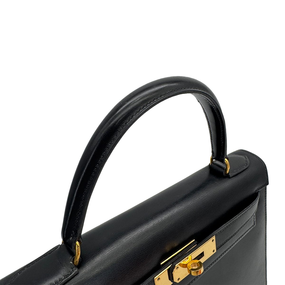PURPOSE HERMES KELLY 28 SELLIER BLACK BOXCALF HAND BAG 1974 CIRCLE D GOLD HARDWRE 90312613