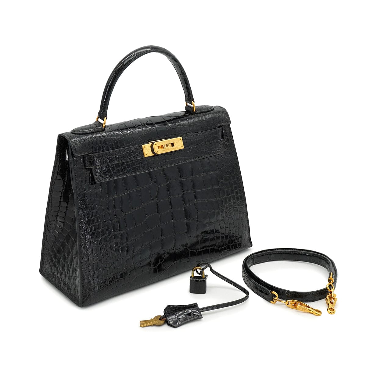 PURPOSE HERMES KELLY 28 SELLIER BLACK CROCODILE ALLIGATOR HAND SHOULDER BAG 1988 CIRCLE R GOLD HARDWARE 90327058