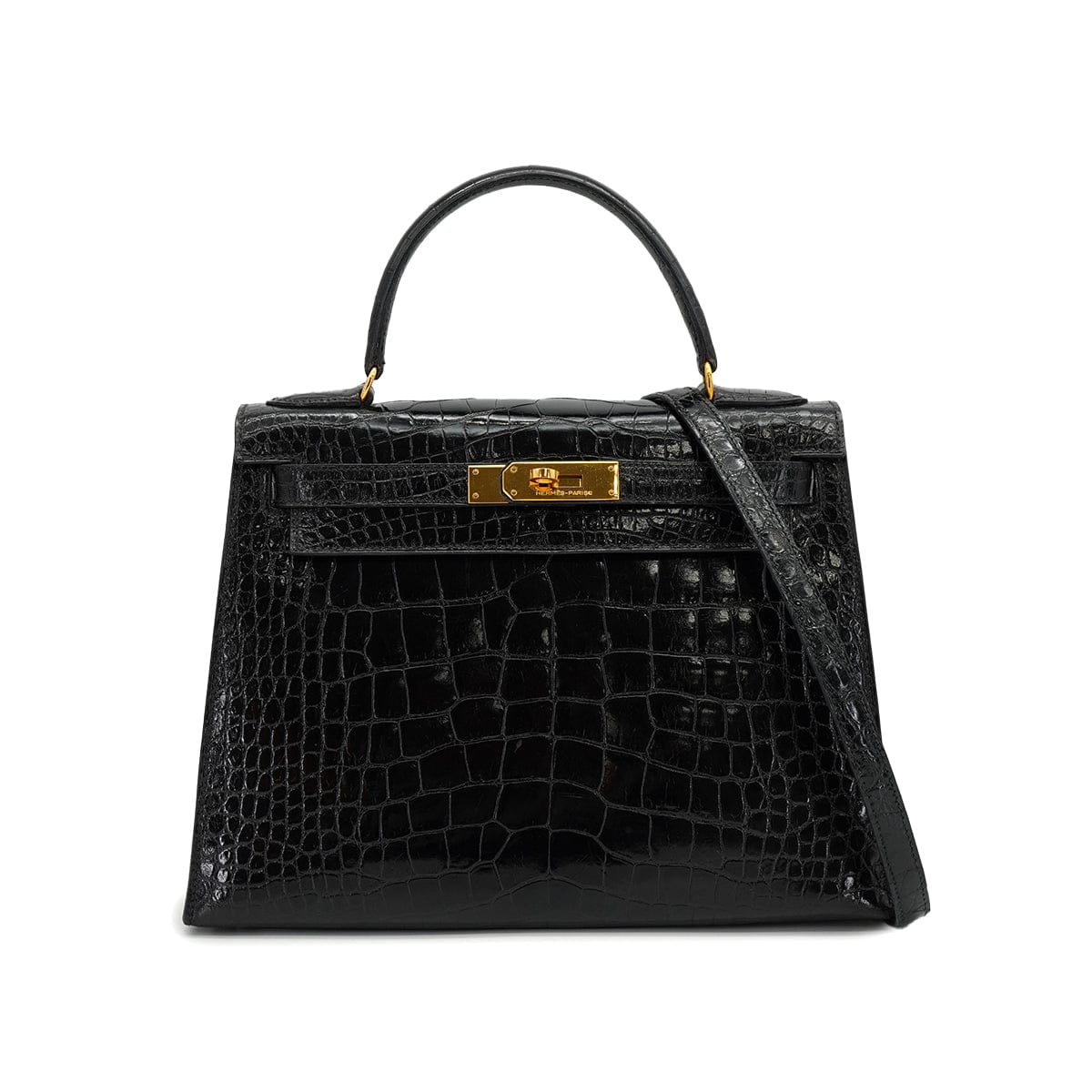 PURPOSE HERMES KELLY 28 SELLIER BLACK CROCODILE ALLIGATOR HAND SHOULDER BAG 1988 CIRCLE R GOLD HARDWARE 90327058