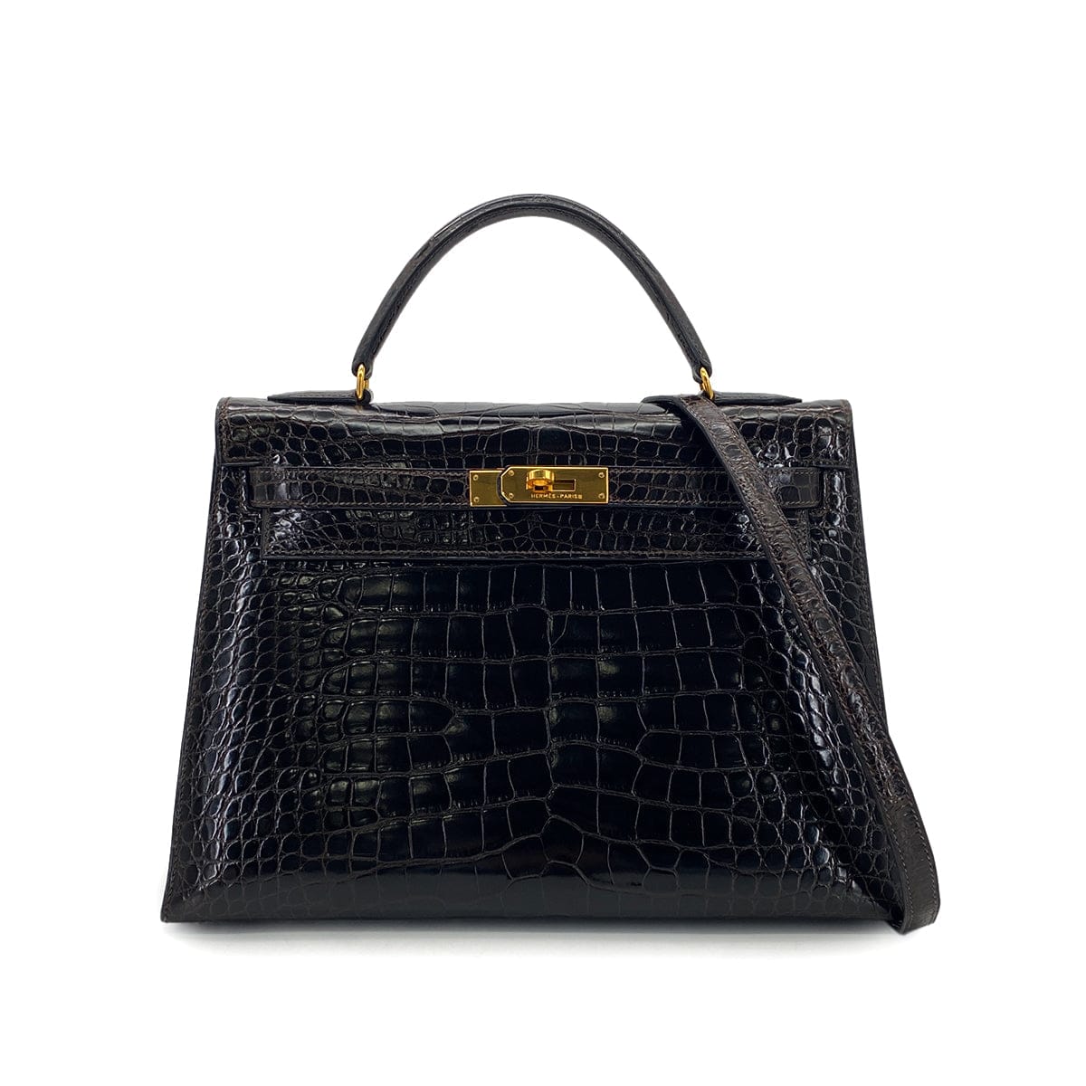 PURPOSE HERMES KELLY 32 SELLIER DARK BROWN ALLIGATOR HAND SHOULDER BAG 〇U GHW 90305113