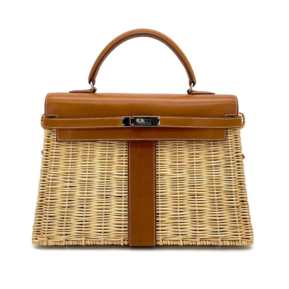 PURPOSE HERMES KELLY PICNIC 35 FAUVE VEAU BARENIA RATTAN HAND BAG 2011 SQUARE O PALLADIUM HARDWARE 90325643