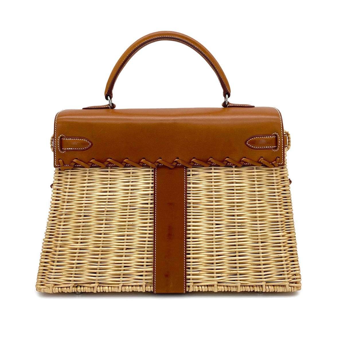 PURPOSE HERMES KELLY PICNIC 35 FAUVE VEAU BARENIA RATTAN HAND BAG 2011 SQUARE O PALLADIUM HARDWARE 90325643