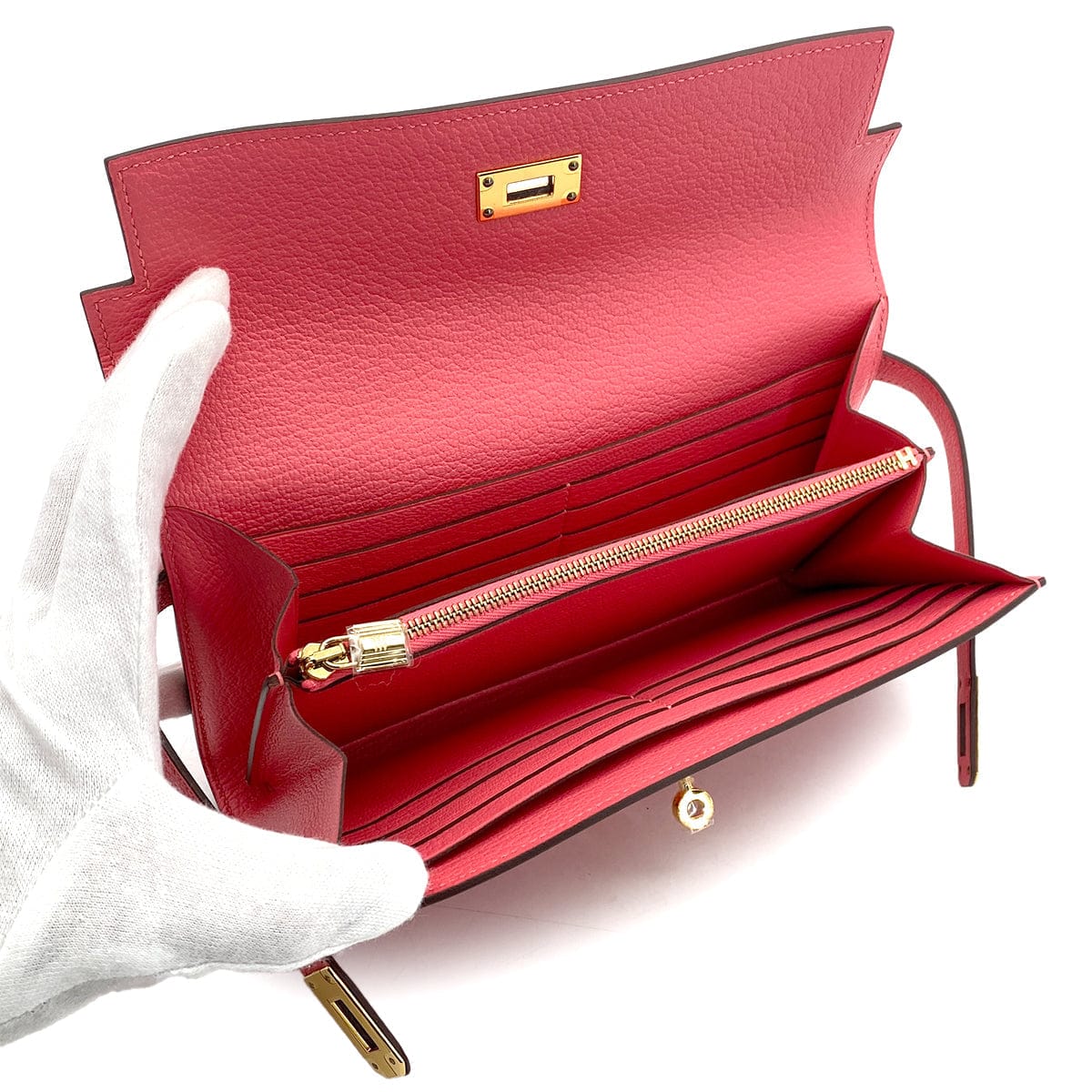 PURPOSE HERMES KELLY WALLET LONG ROSE LIPSTICK CHEVRE 2016 X GOLD HARDWARE 90308369