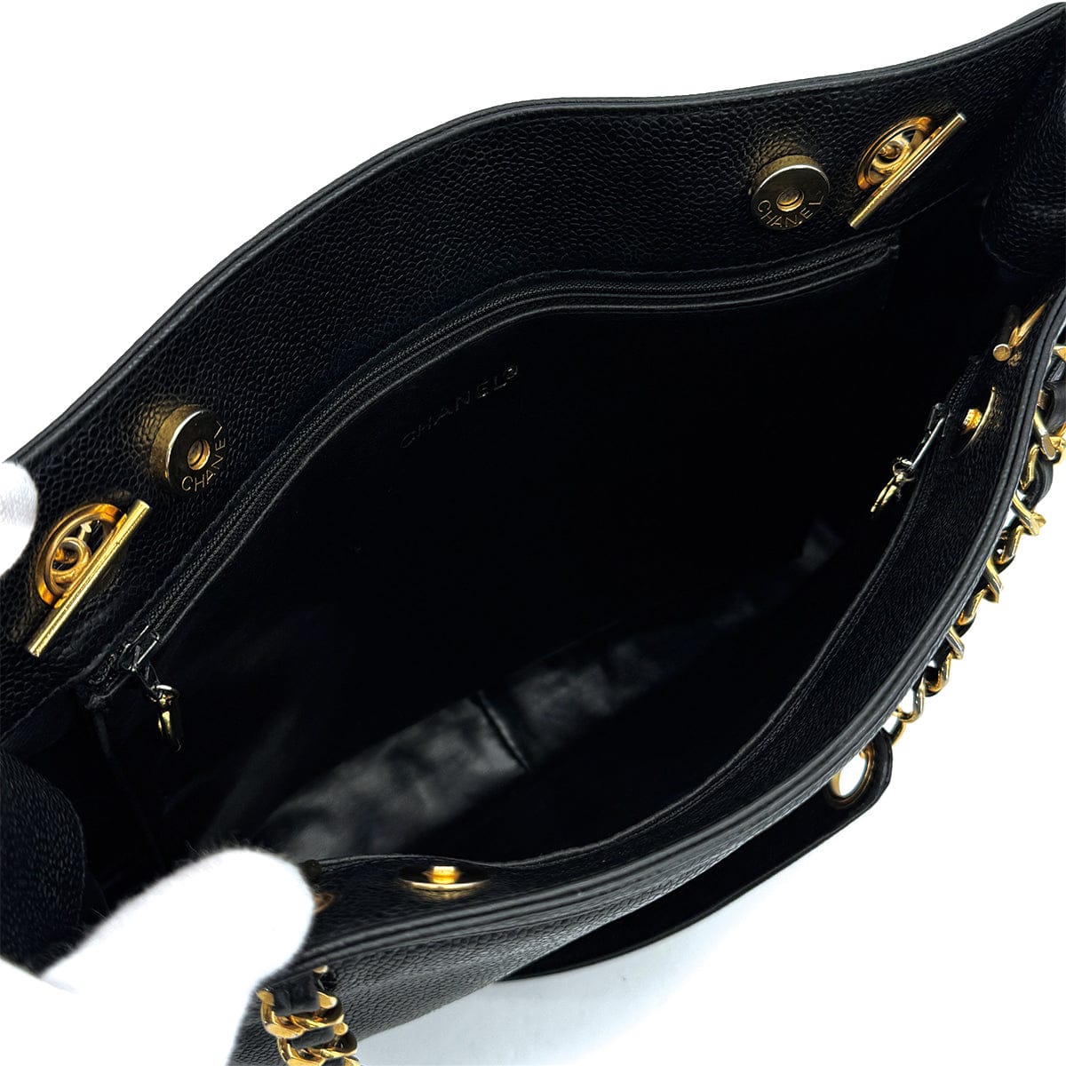 PURPOSE VINTAGE CHANEL BIG COCO CHAIN TOTE BAG BLACK LAMB SKIN GOLD HARDWARE 90317006