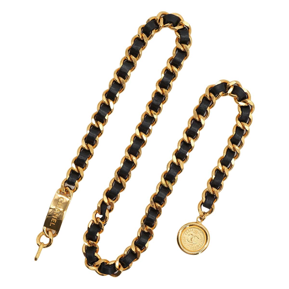 PURPOSE VINTAGE CHANEL CHAIN BELT COCOMARK BLACK GOLD LEATHER ACCESSORY 90323142
