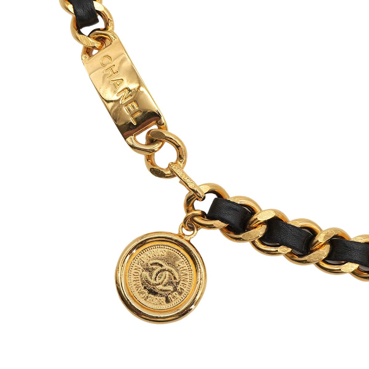 PURPOSE VINTAGE CHANEL CHAIN BELT COCOMARK BLACK GOLD LEATHER ACCESSORY 90323142