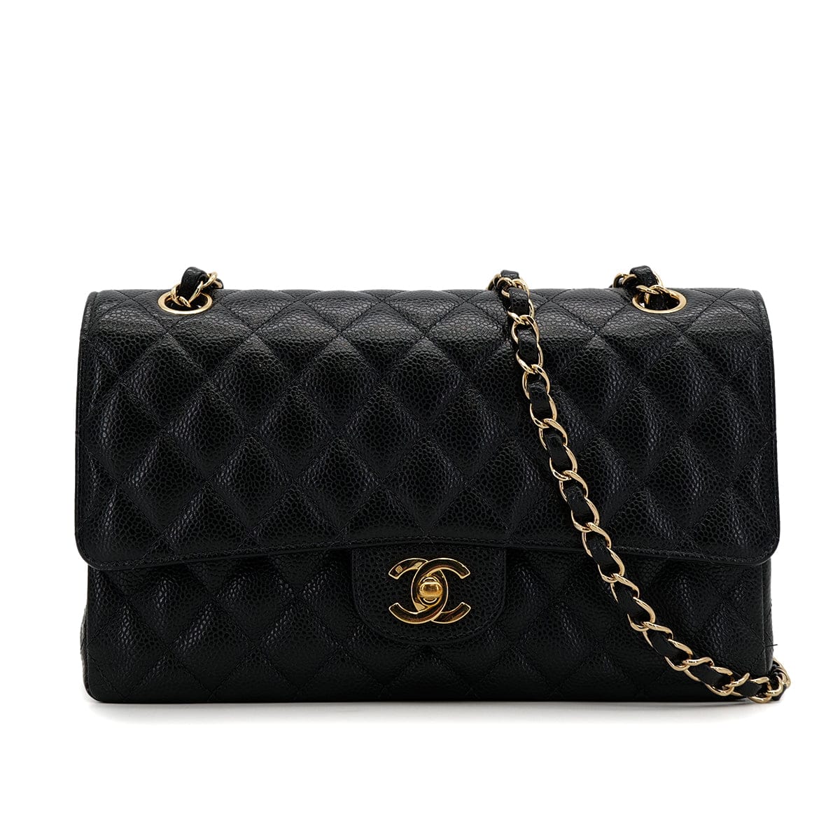 PURPOSE VINTAGE CHANEL CLASSIC FLAP MEDIUM CHAIN SHOULDER BAG BLACK CAVIAR SKIN GOLD HARDWARE 90318758