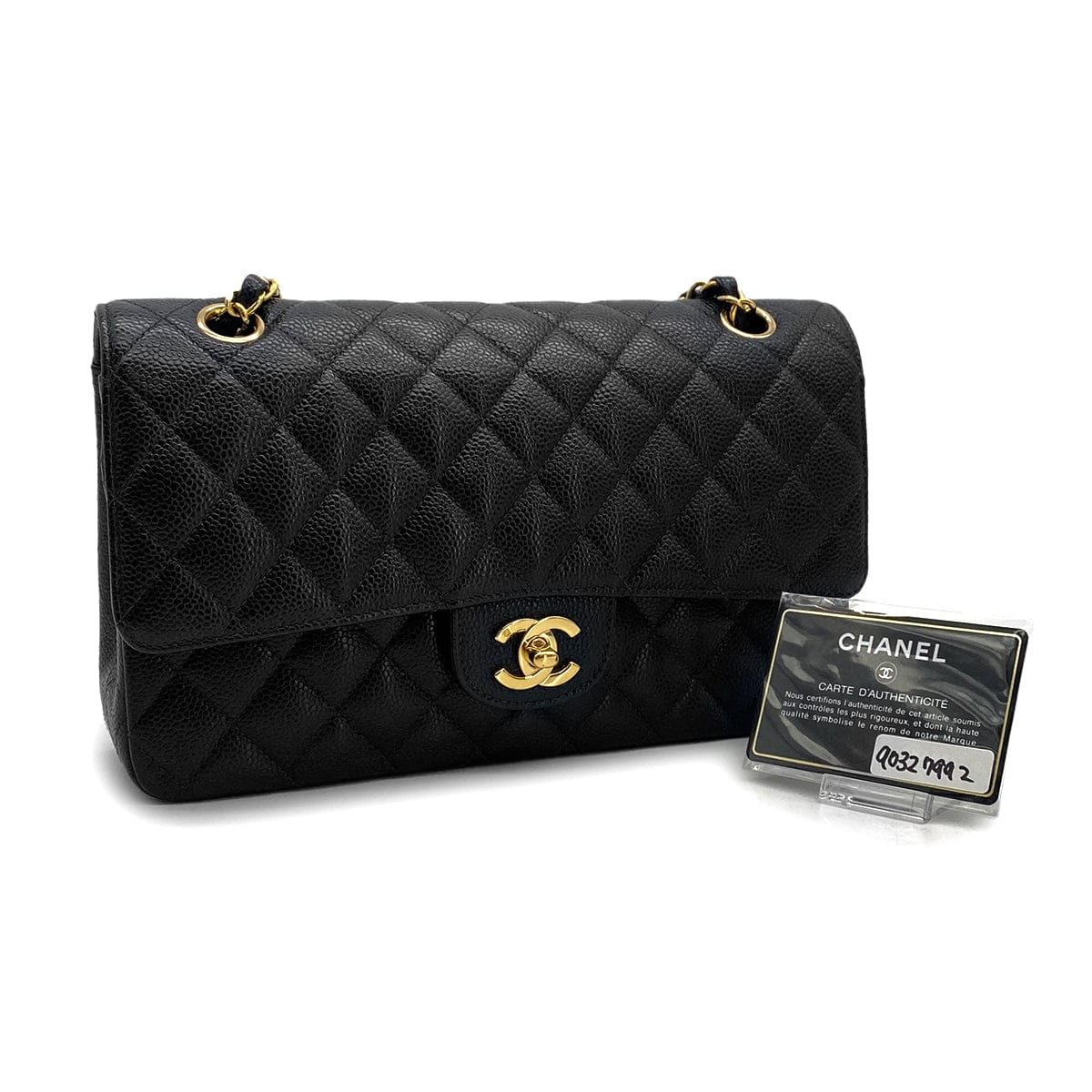 PURPOSE VINTAGE CHANEL CLASSIC FLAP MEDIUM CHAIN SHOULDER BAG BLACK CAVIAR SKIN GOLD HARDWARE 90327992