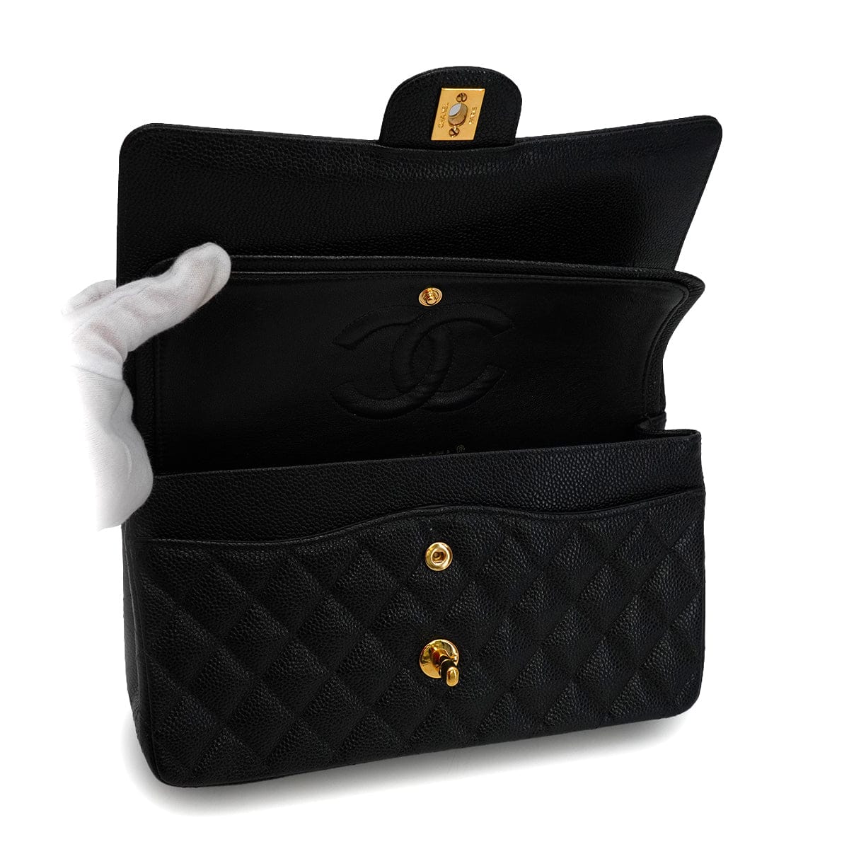 PURPOSE VINTAGE CHANEL CLASSIC FLAP MEDIUM CHAIN SHOULDER BAG BLACK CAVIAR SKIN GOLD HARDWARE 90341880