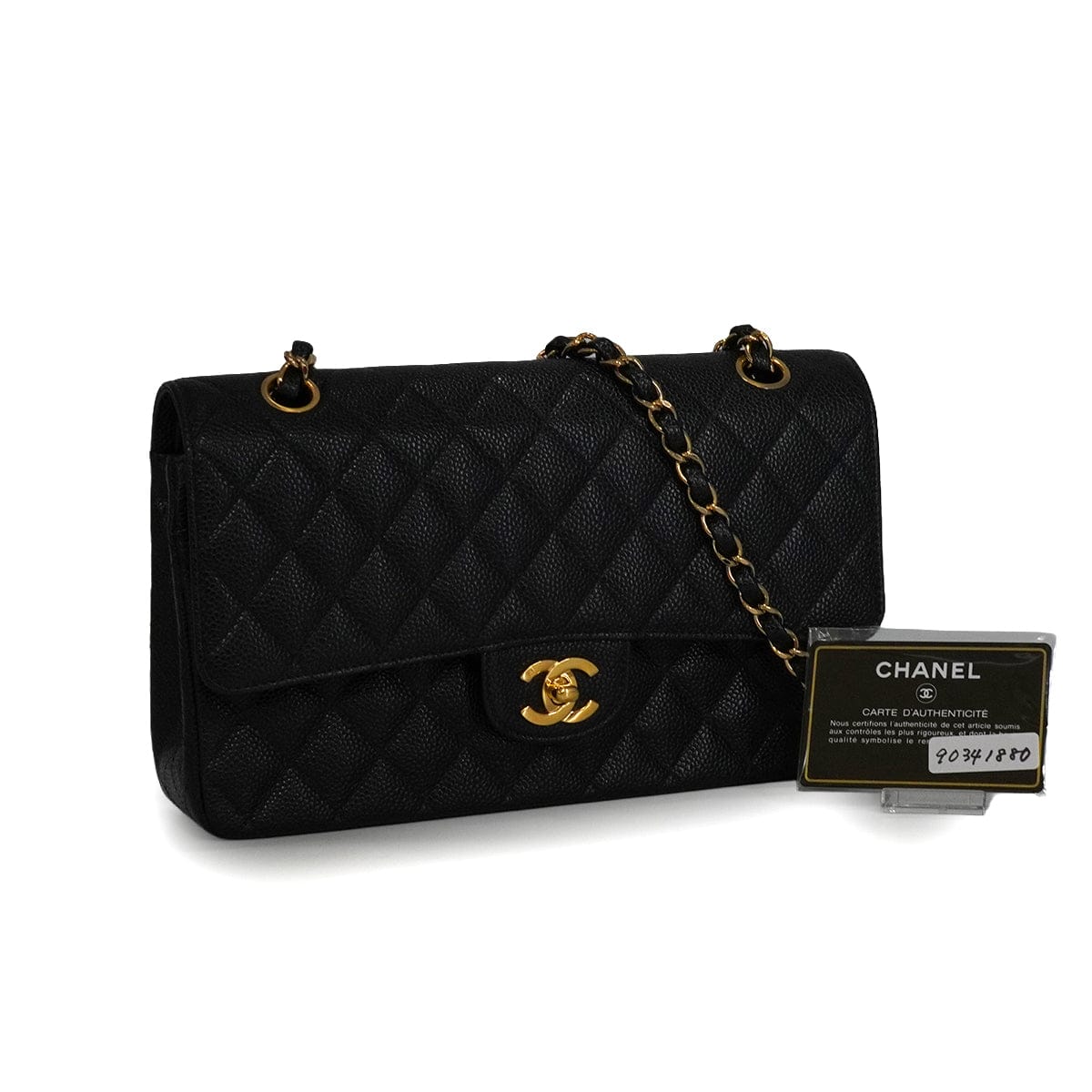 PURPOSE VINTAGE CHANEL CLASSIC FLAP MEDIUM CHAIN SHOULDER BAG BLACK CAVIAR SKIN GOLD HARDWARE 90341880