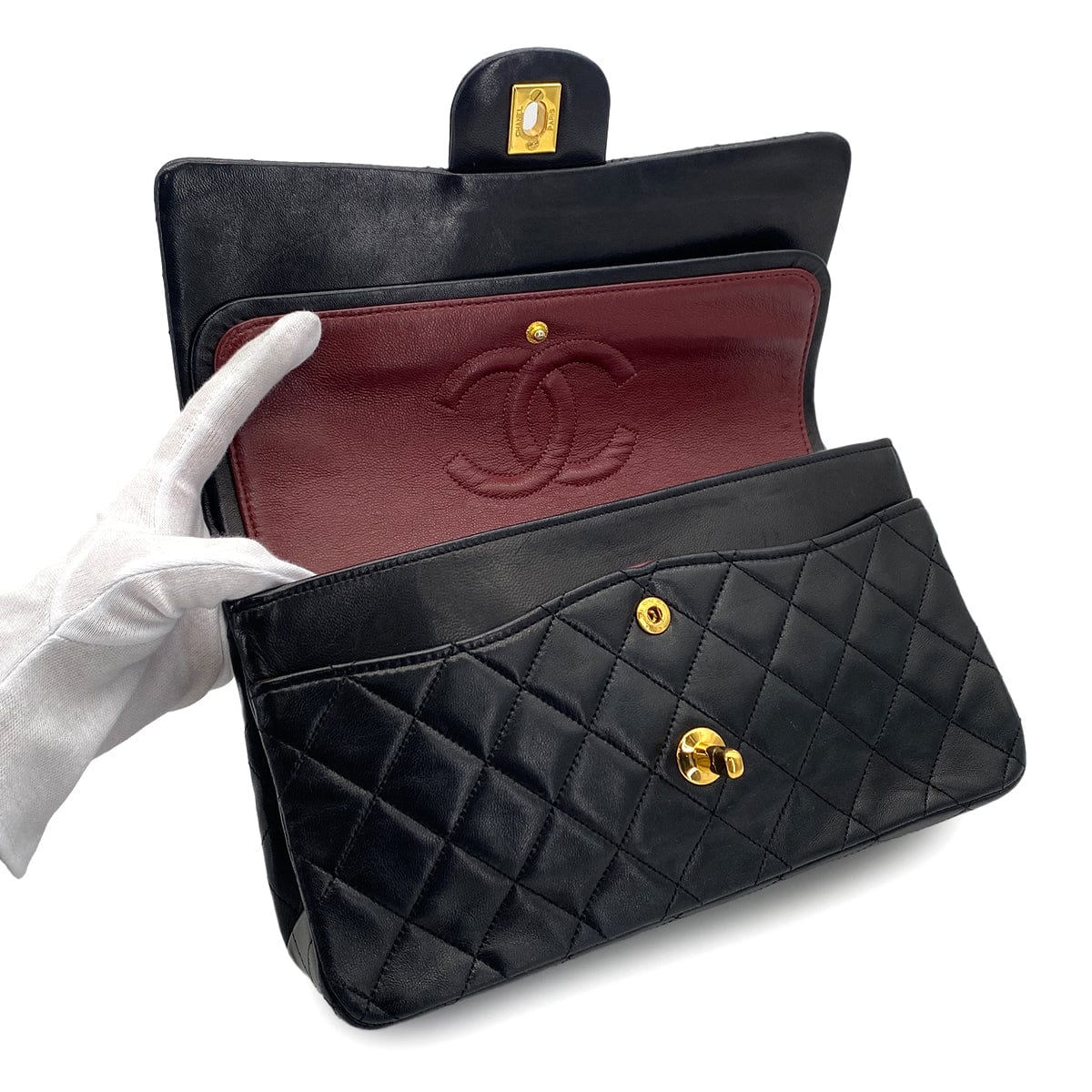 PURPOSE VINTAGE CHANEL CLASSIC FLAP MEDIUM CHAIN SHOULDER BAG BLACK LAMB SKIN GOLD HARDWARE 90324635