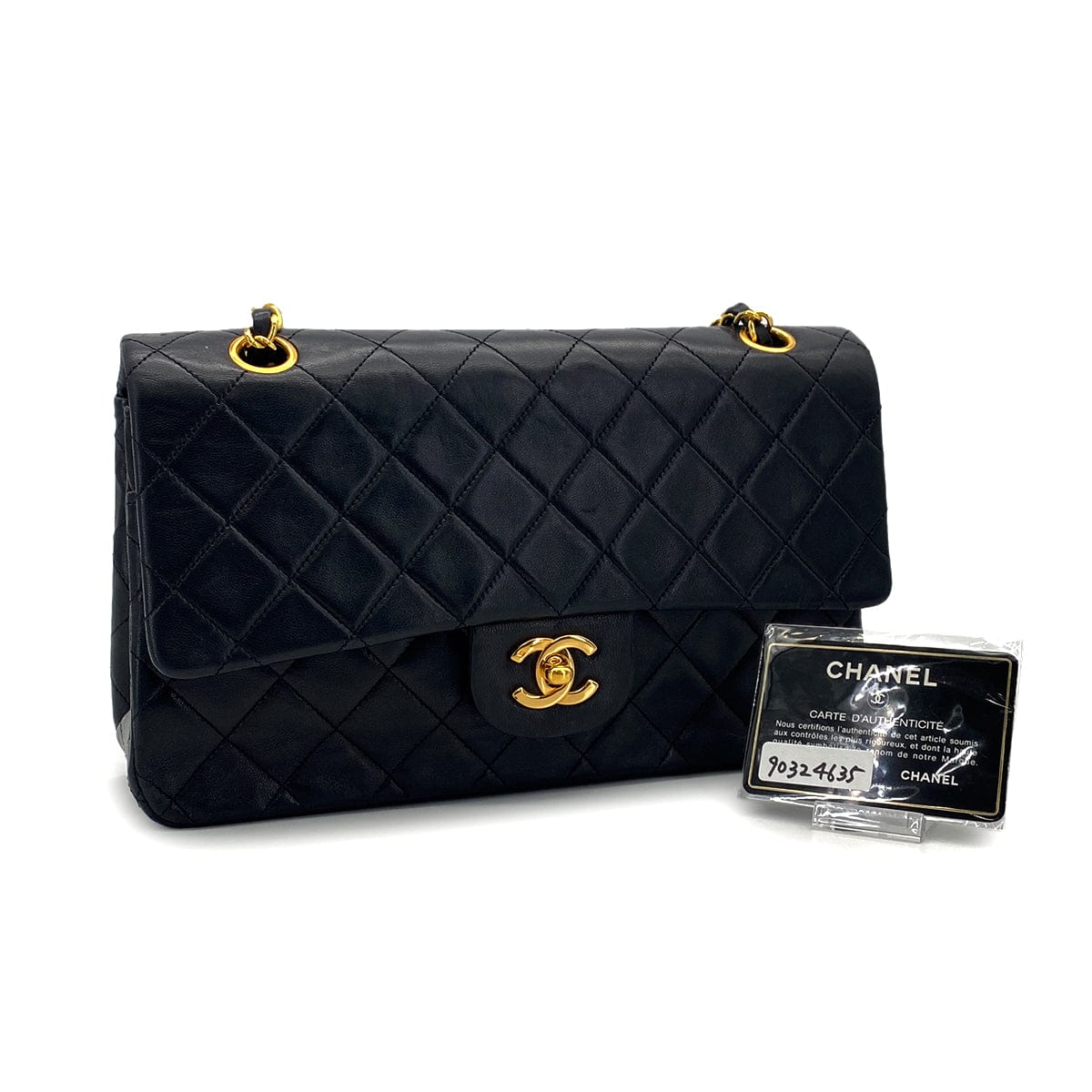 PURPOSE VINTAGE CHANEL CLASSIC FLAP MEDIUM CHAIN SHOULDER BAG BLACK LAMB SKIN GOLD HARDWARE 90324635