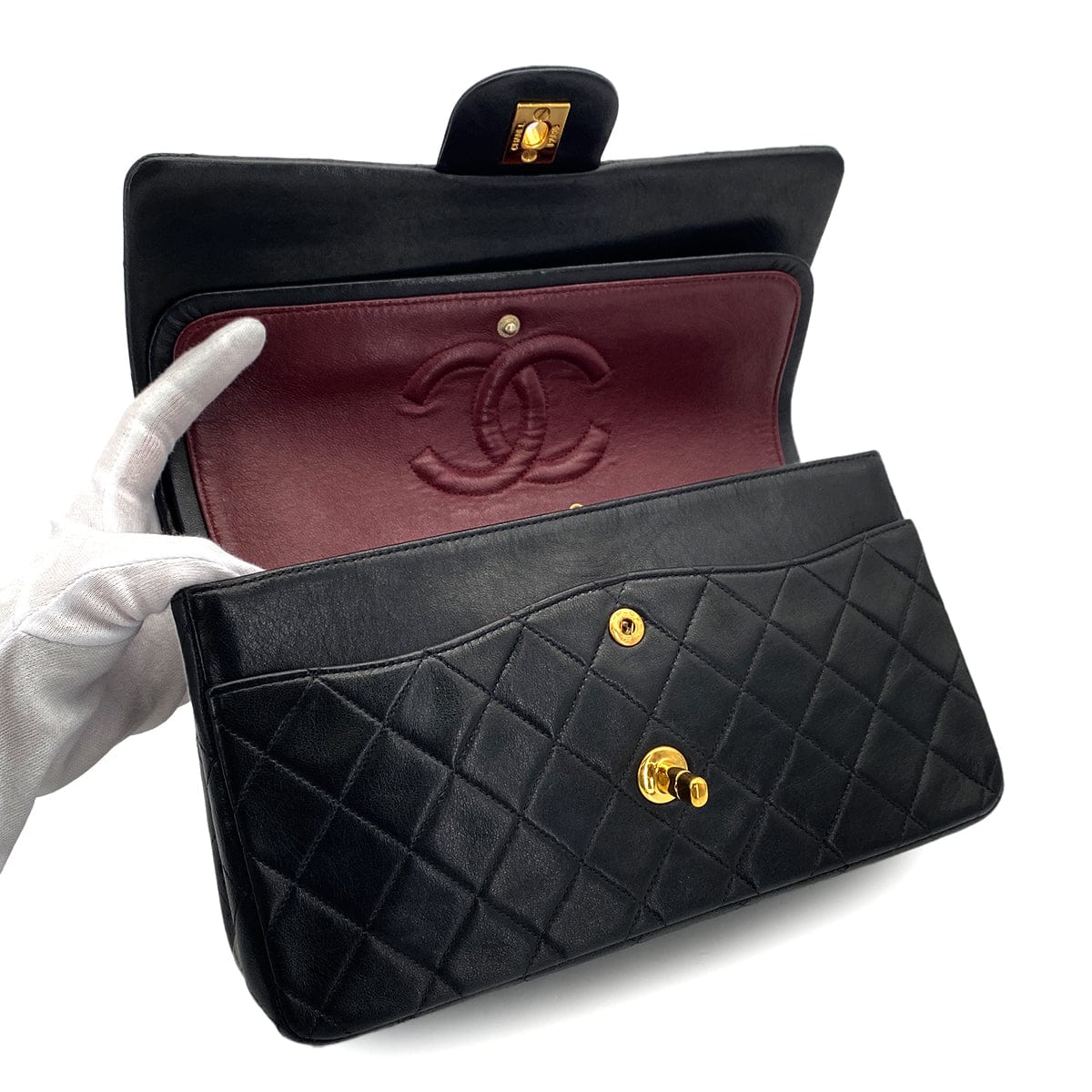 PURPOSE VINTAGE CHANEL CLASSIC FLAP MEDIUM CHAIN SHOULDER BAG BLACK LAMB SKIN GOLD HARDWARE 90325600