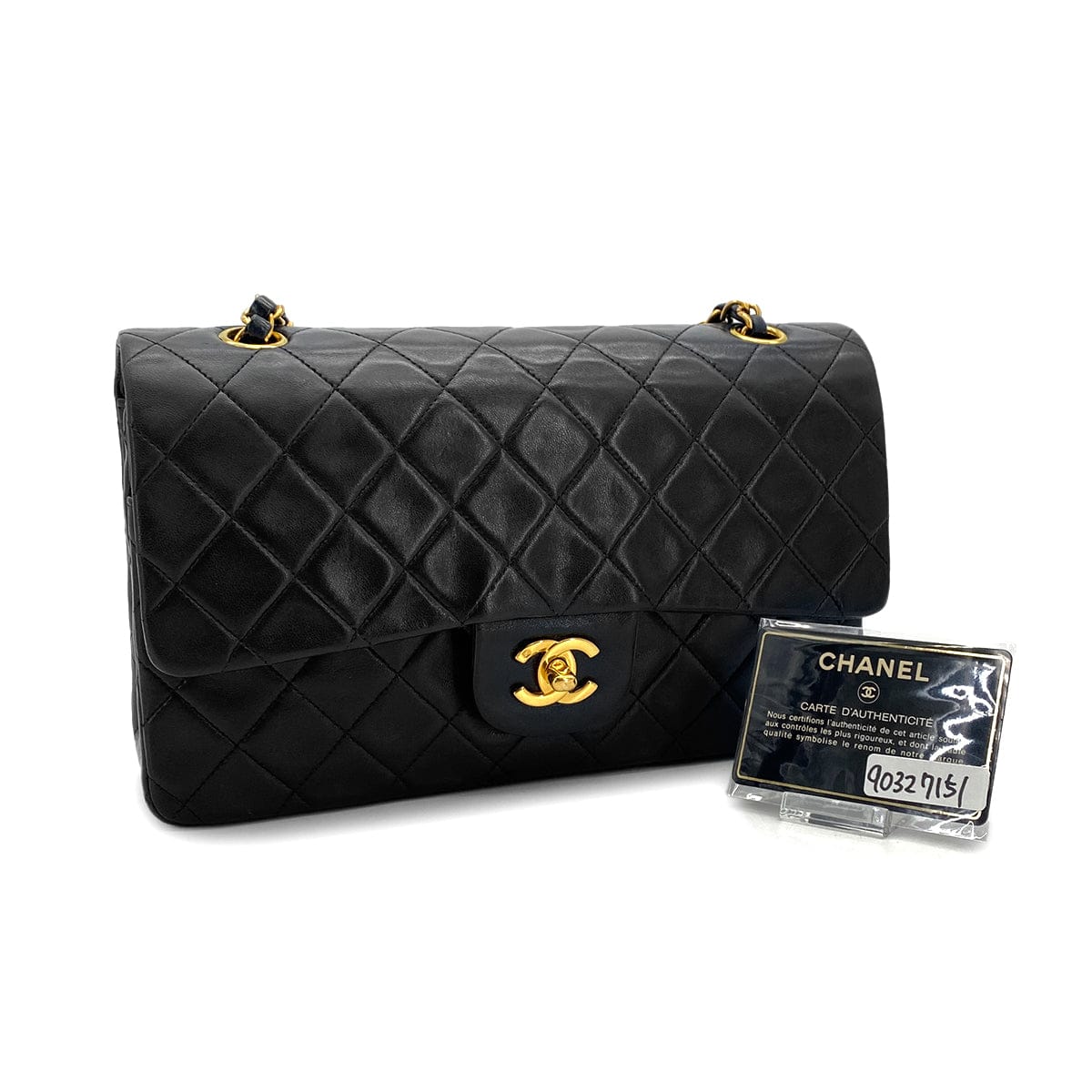 PURPOSE VINTAGE CHANEL CLASSIC FLAP MEDIUM CHAIN SHOULDER BAG BLACK LAMB SKIN GOLD HARDWARE 90327151