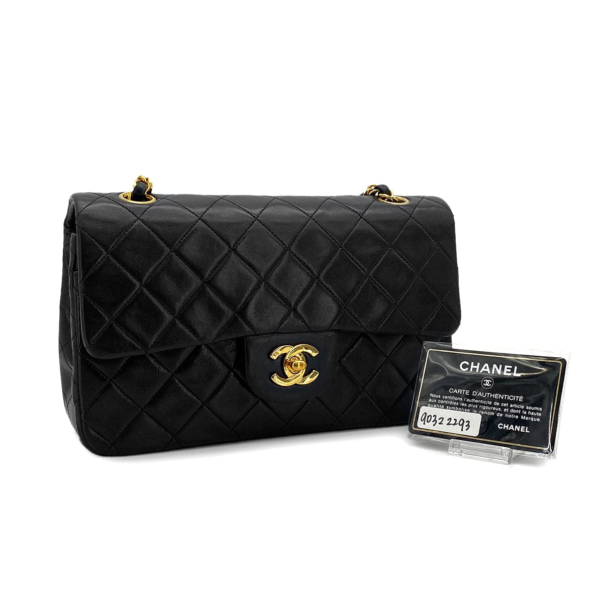 PURPOSE VINTAGE CHANEL CLASSIC FLAP SMALL CHAIN SHOULDER BAG BLACK LAMB SKIN GOLD HARDWARE 90322293